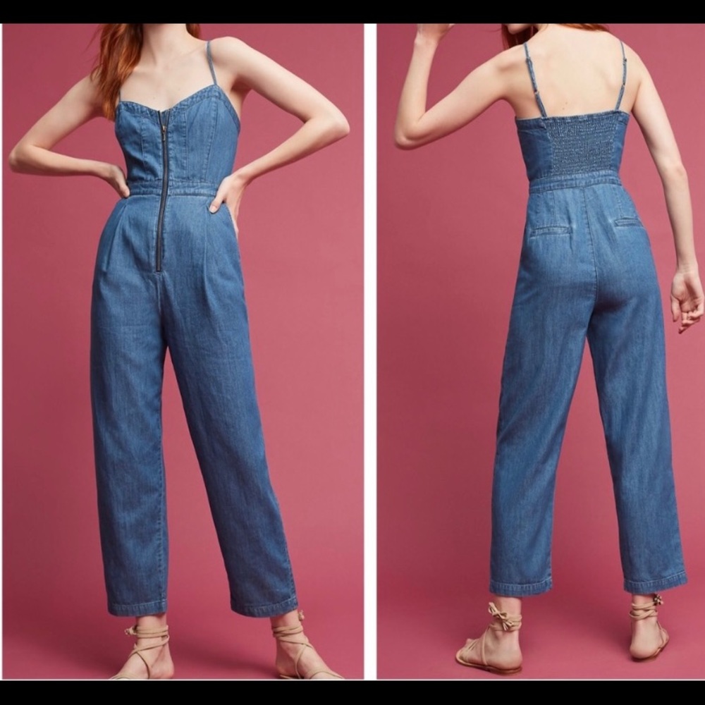 Denim chambray zipper Anthropologie jumpsuit sz 0
